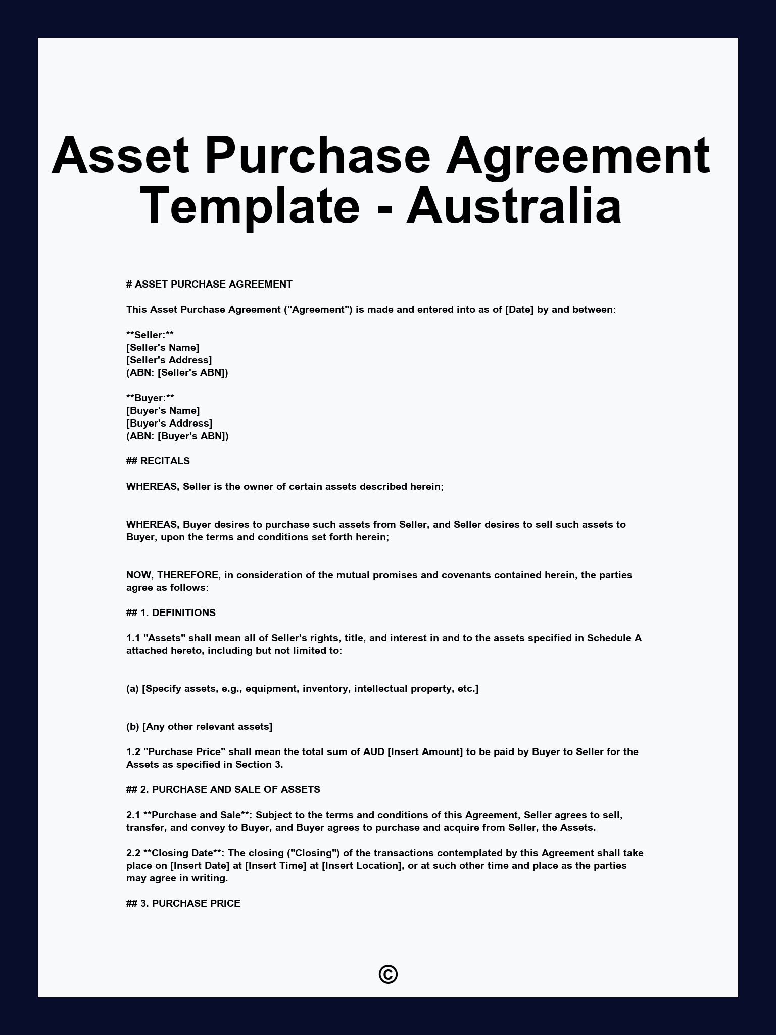 Asset Purchase Agreement Template - Australia