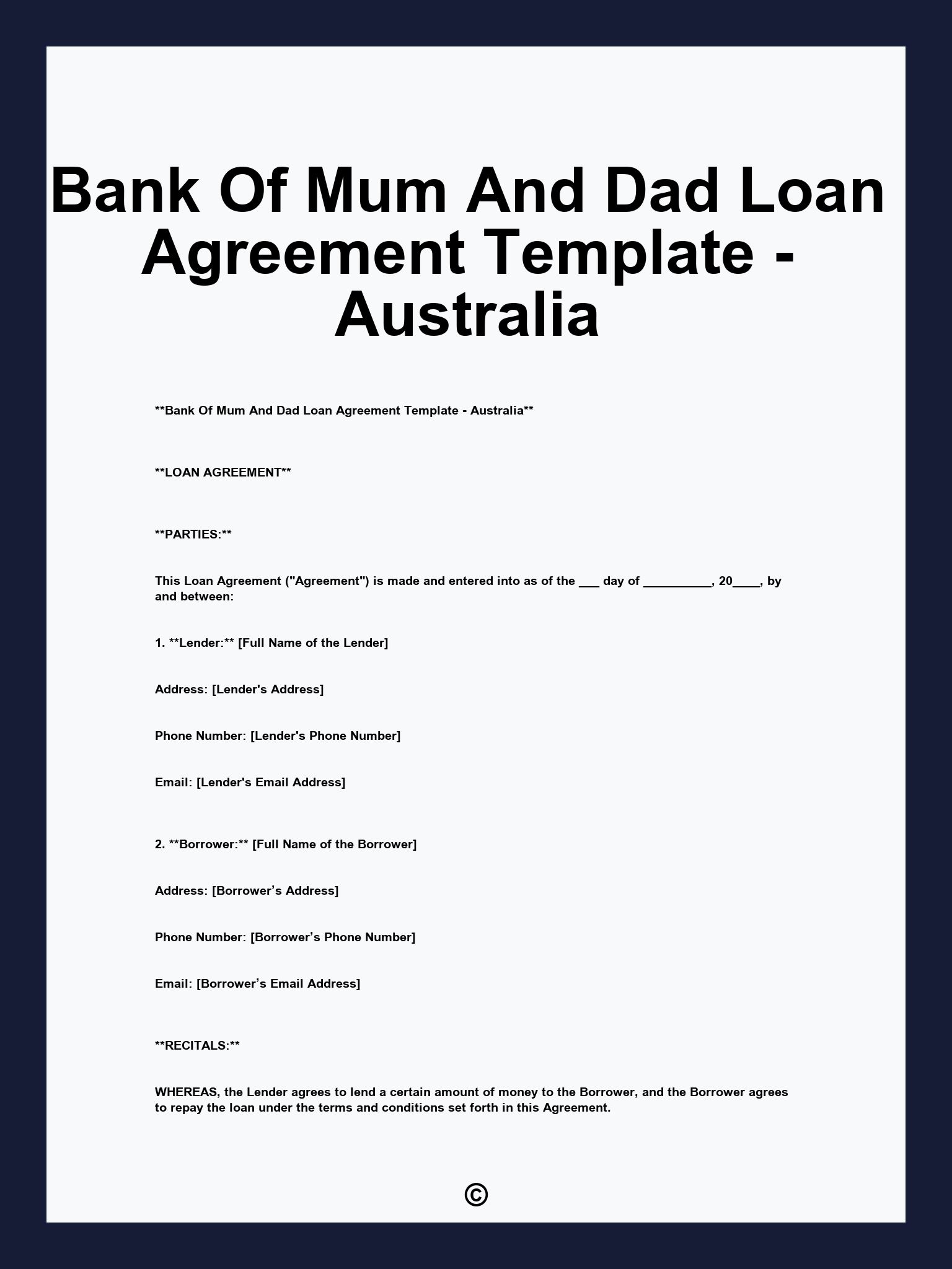 Bank Of Mum And Dad Loan Agreement Template - Australia
