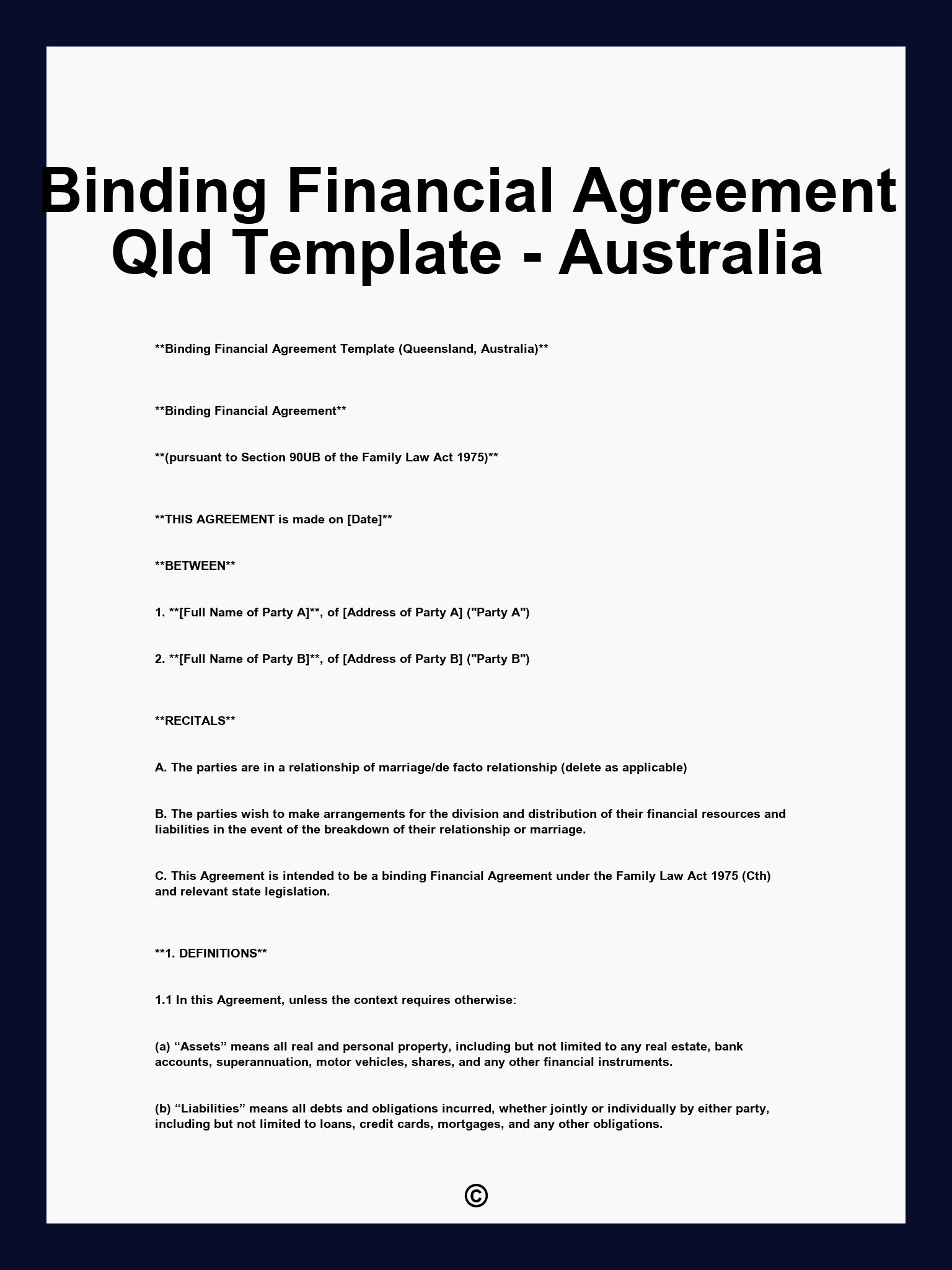 Binding Financial Agreement Qld Template - Australia