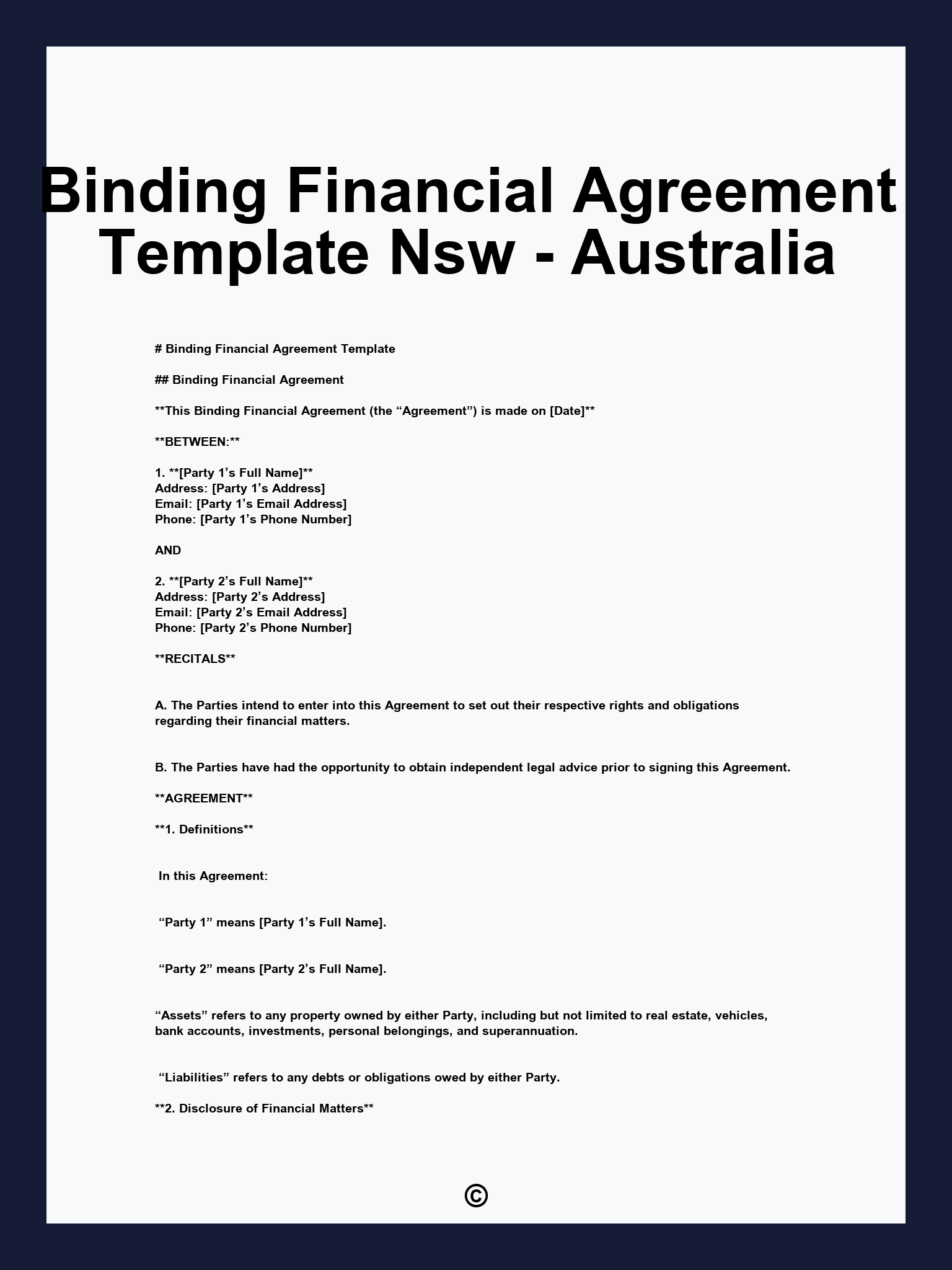 Binding Financial Agreement Template Nsw - Australia