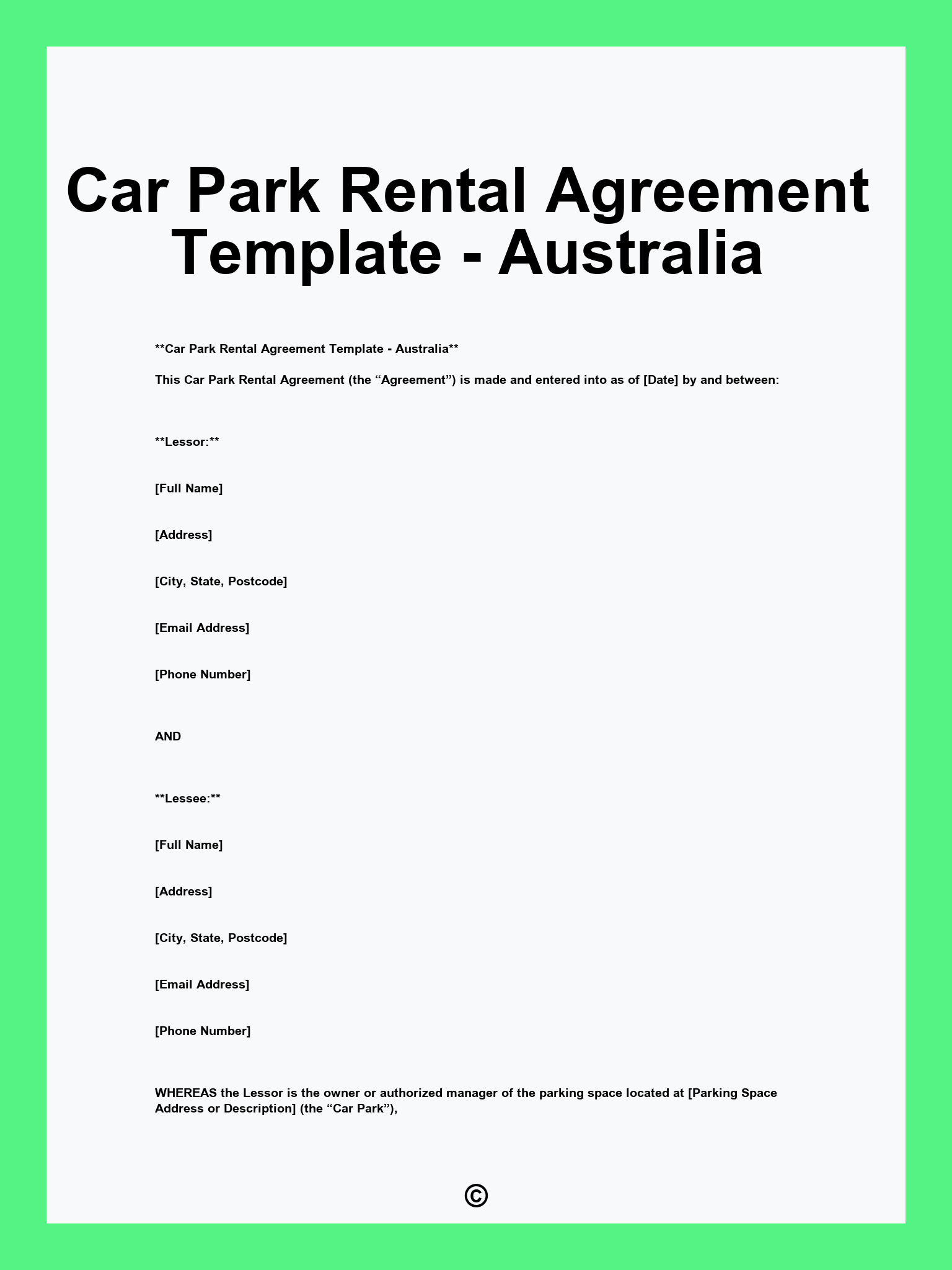 Car Park Rental Agreement Template - Australia