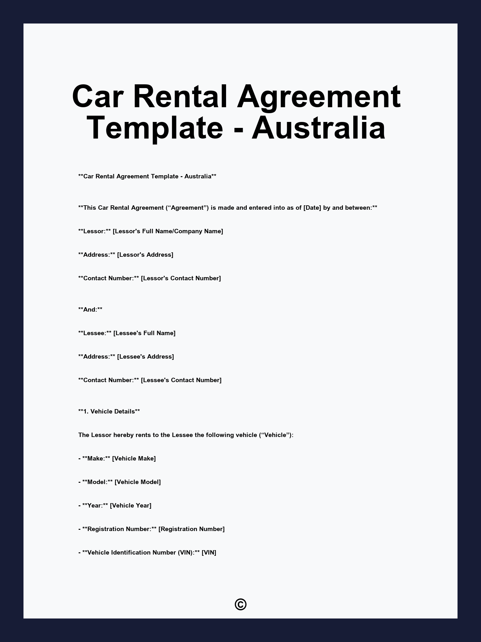 Car Rental Agreement Template - Australia