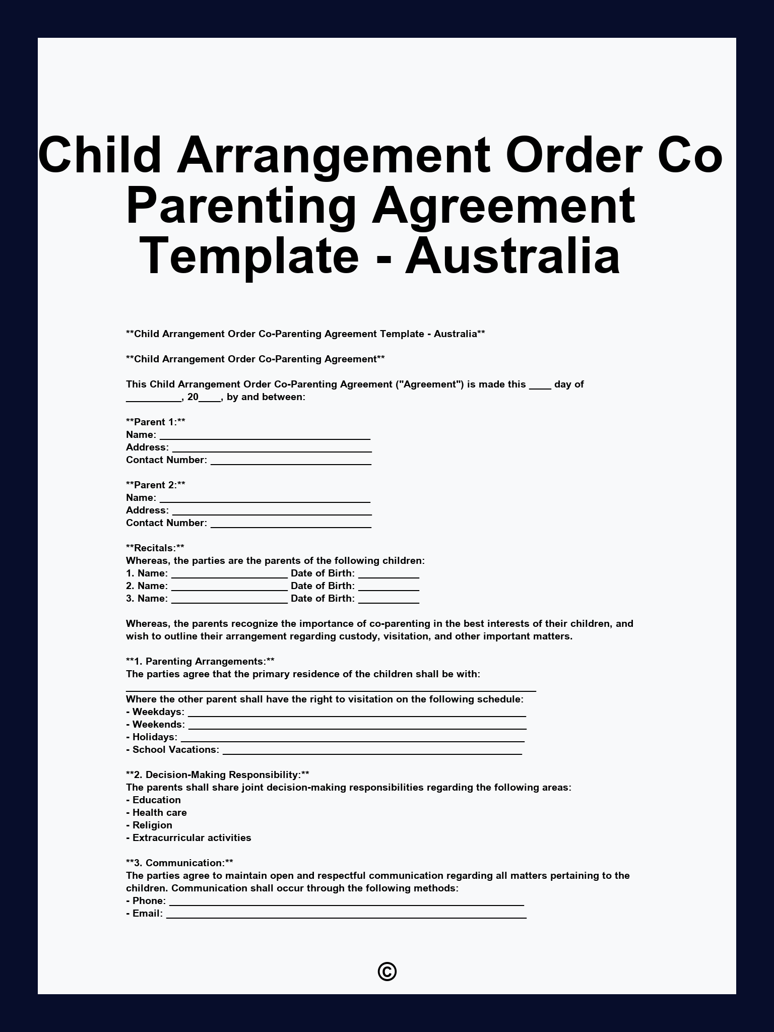 Child Arrangement Order Co Parenting Agreement Template - Australia