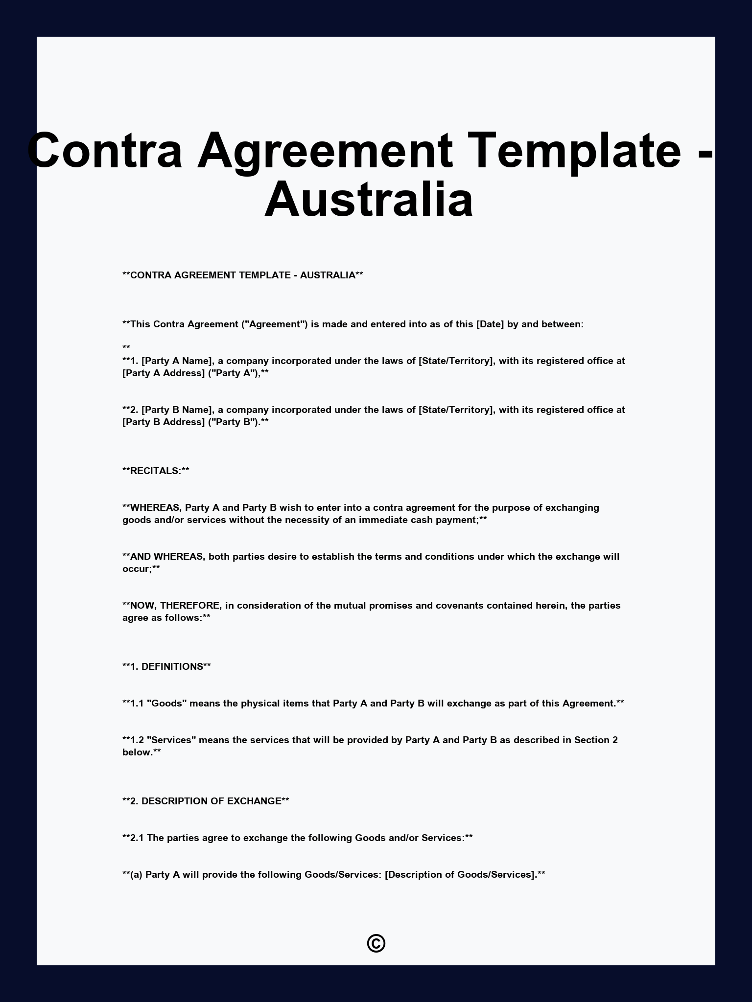 Contra Agreement Template - Australia
