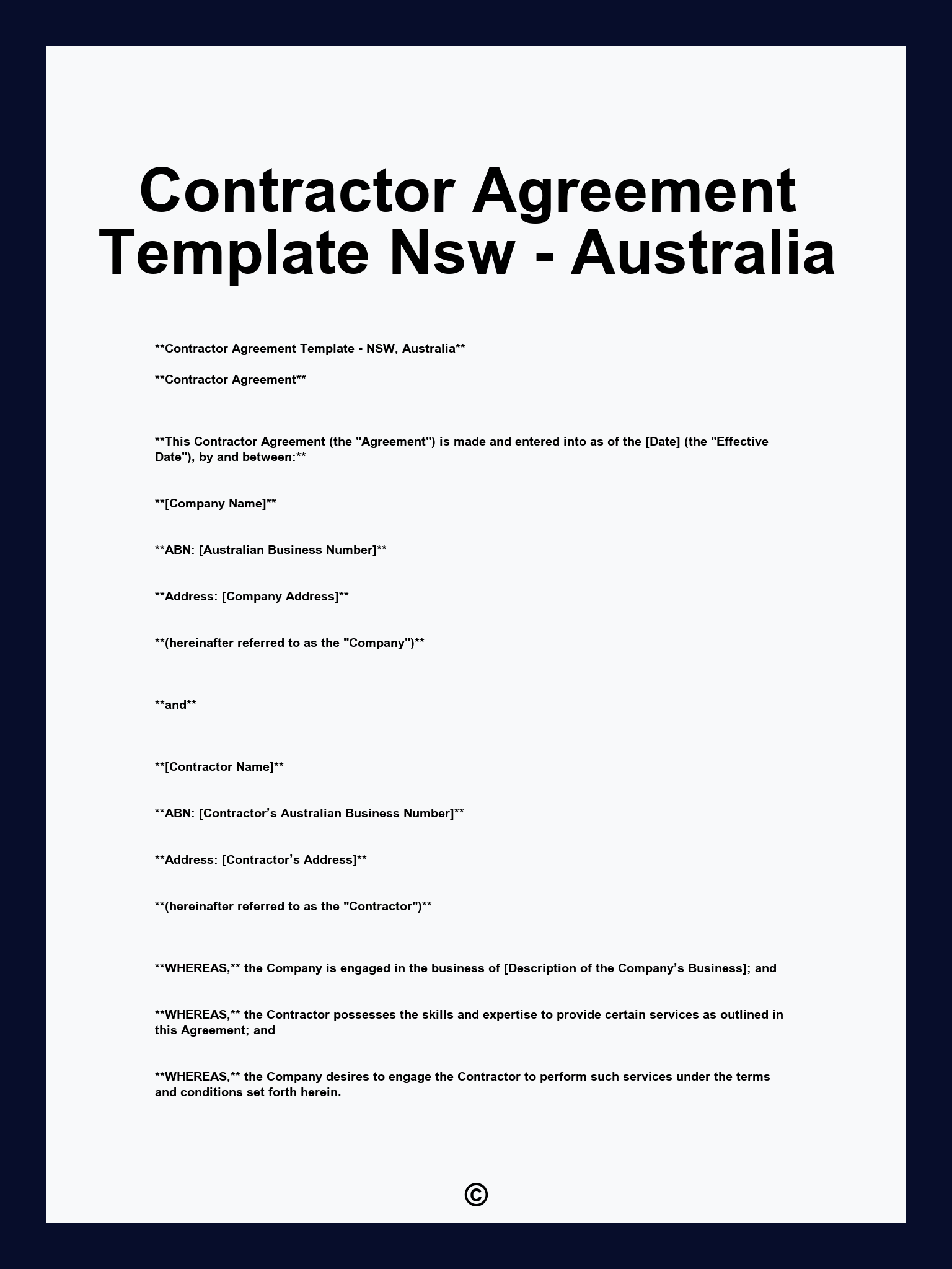 Contractor Agreement Template Nsw - Australia