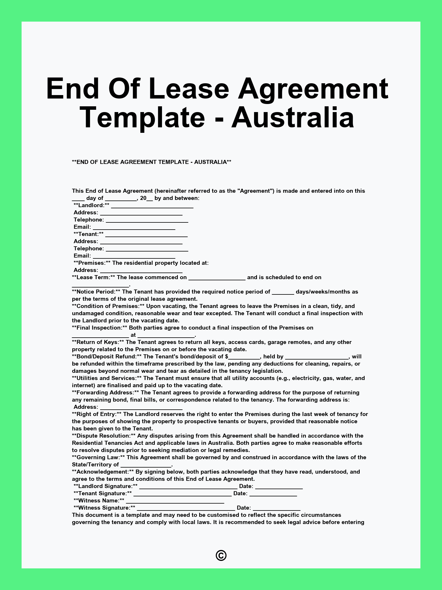 End Of Lease Agreement Template - Australia
