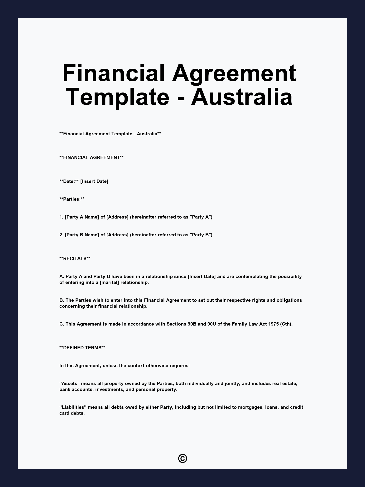 Financial Agreement Template - Australia