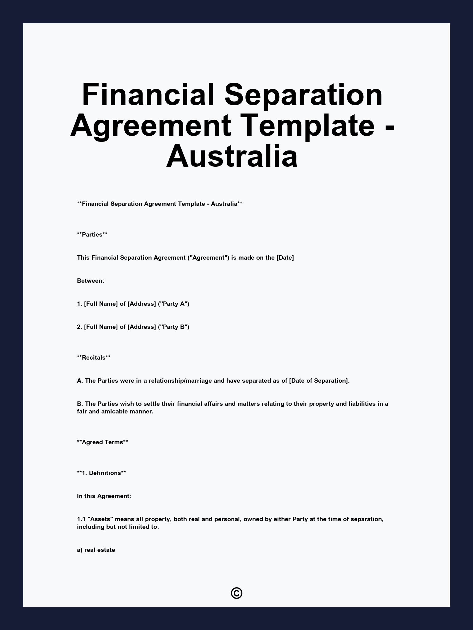 Financial Separation Agreement Template - Australia