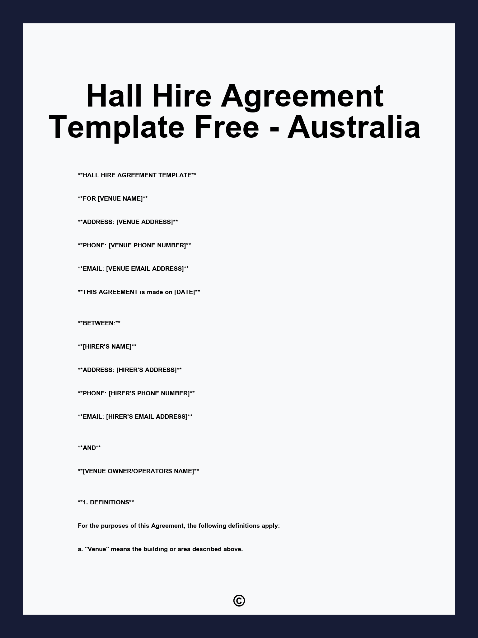 Hall Hire Agreement Template Free - Australia