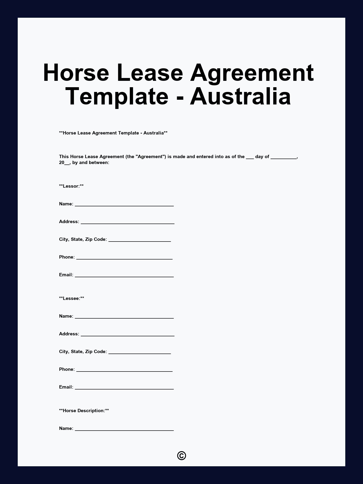 Horse Lease Agreement Template - Australia