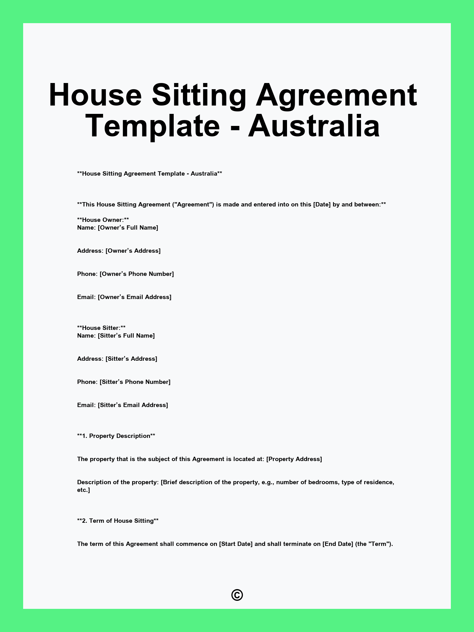 House Sitting Agreement Template - Australia