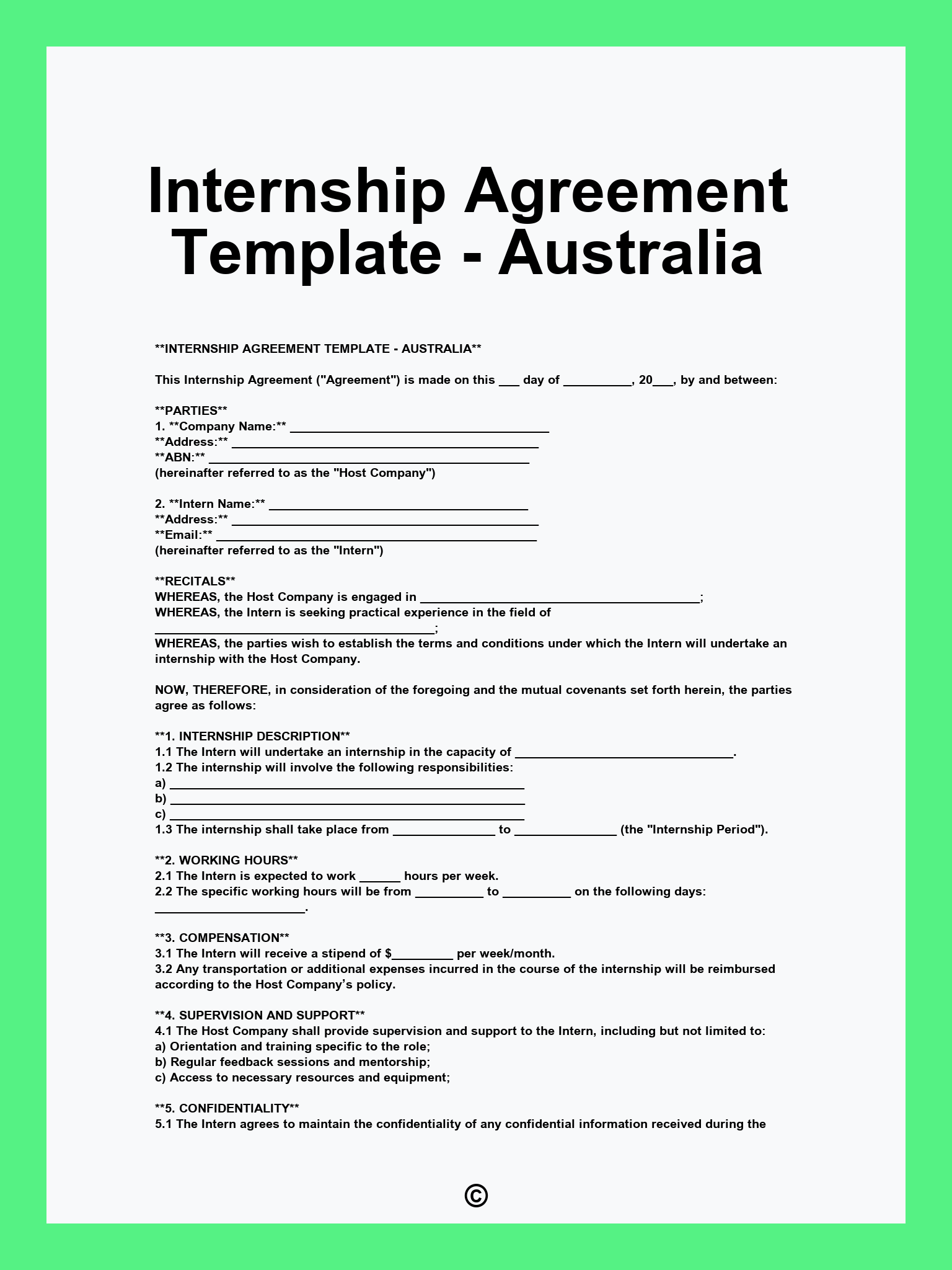 Internship Agreement Template - Australia