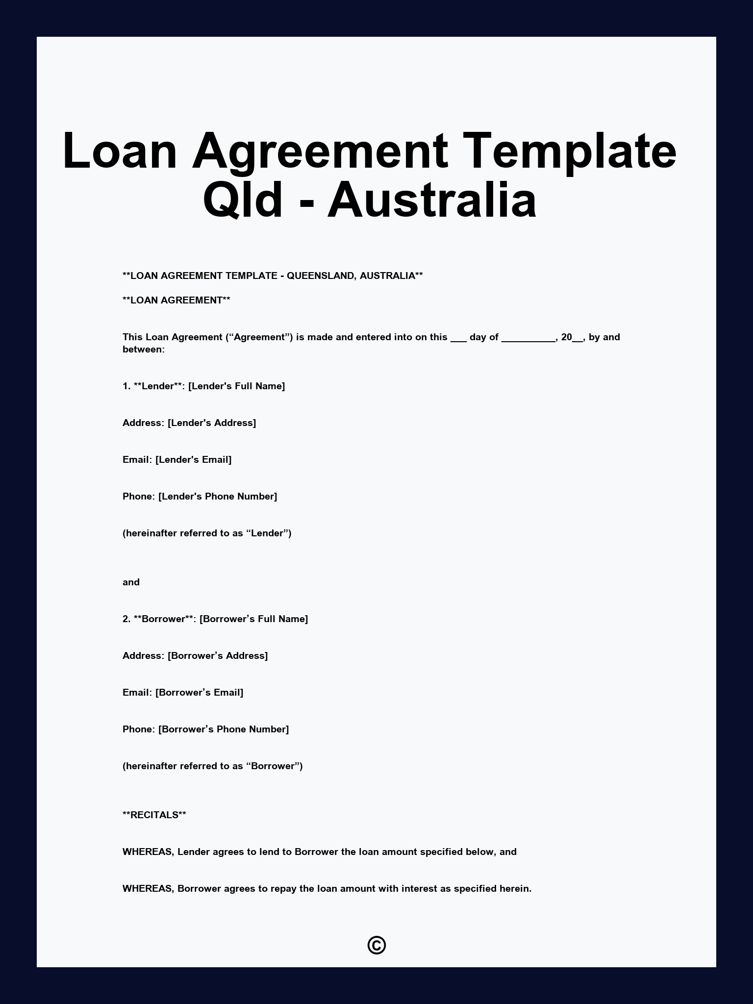 Loan Agreement Template Qld - Australia