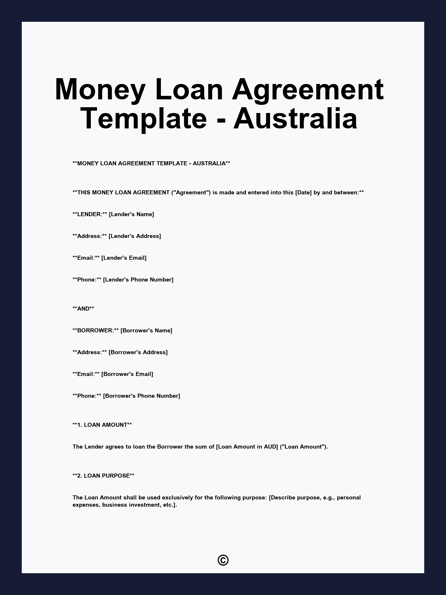 Money Loan Agreement Template - Australia