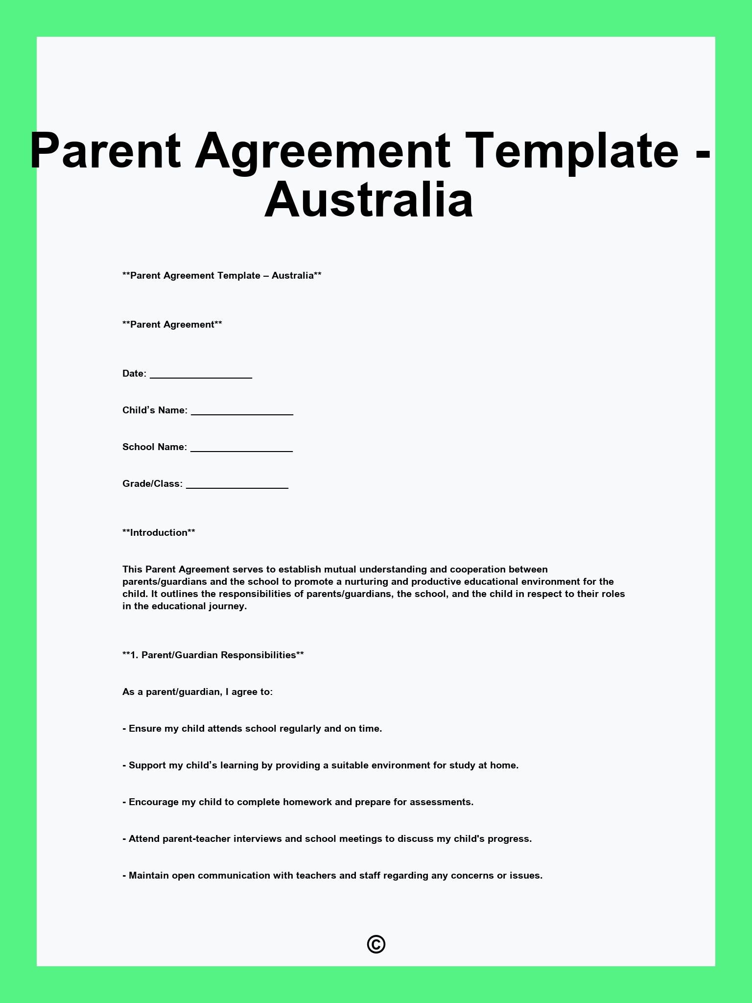 Parent Agreement Template - Australia