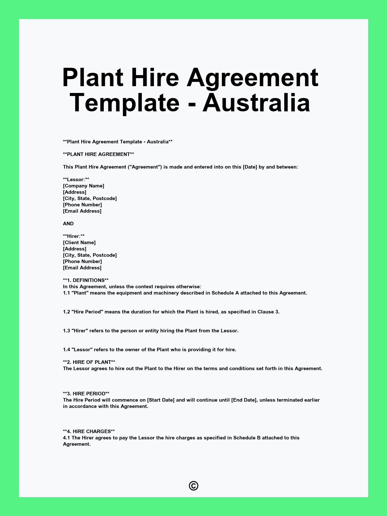 Plant Hire Agreement Template - Australia