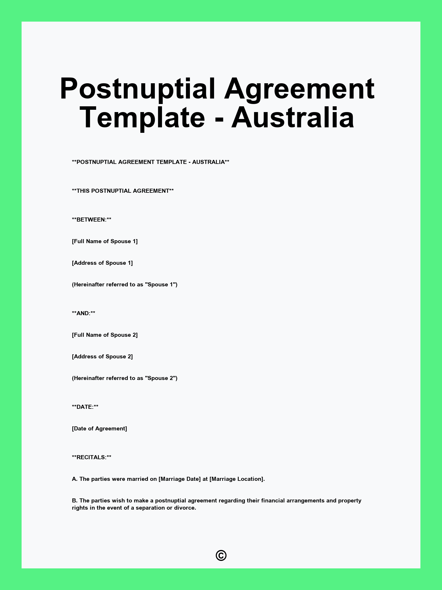 Postnuptial Agreement Template - Australia