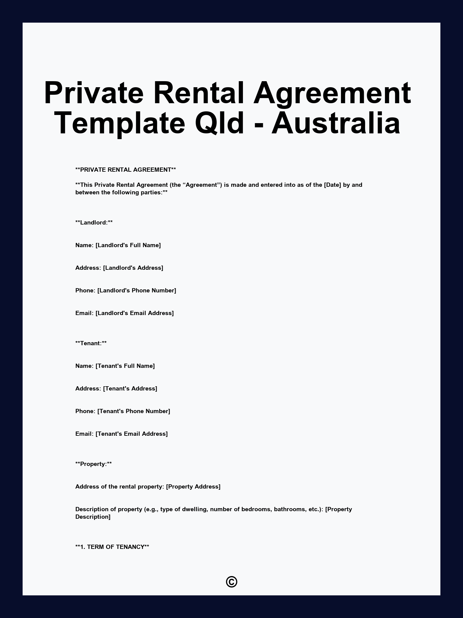 Private Rental Agreement Template Qld - Australia