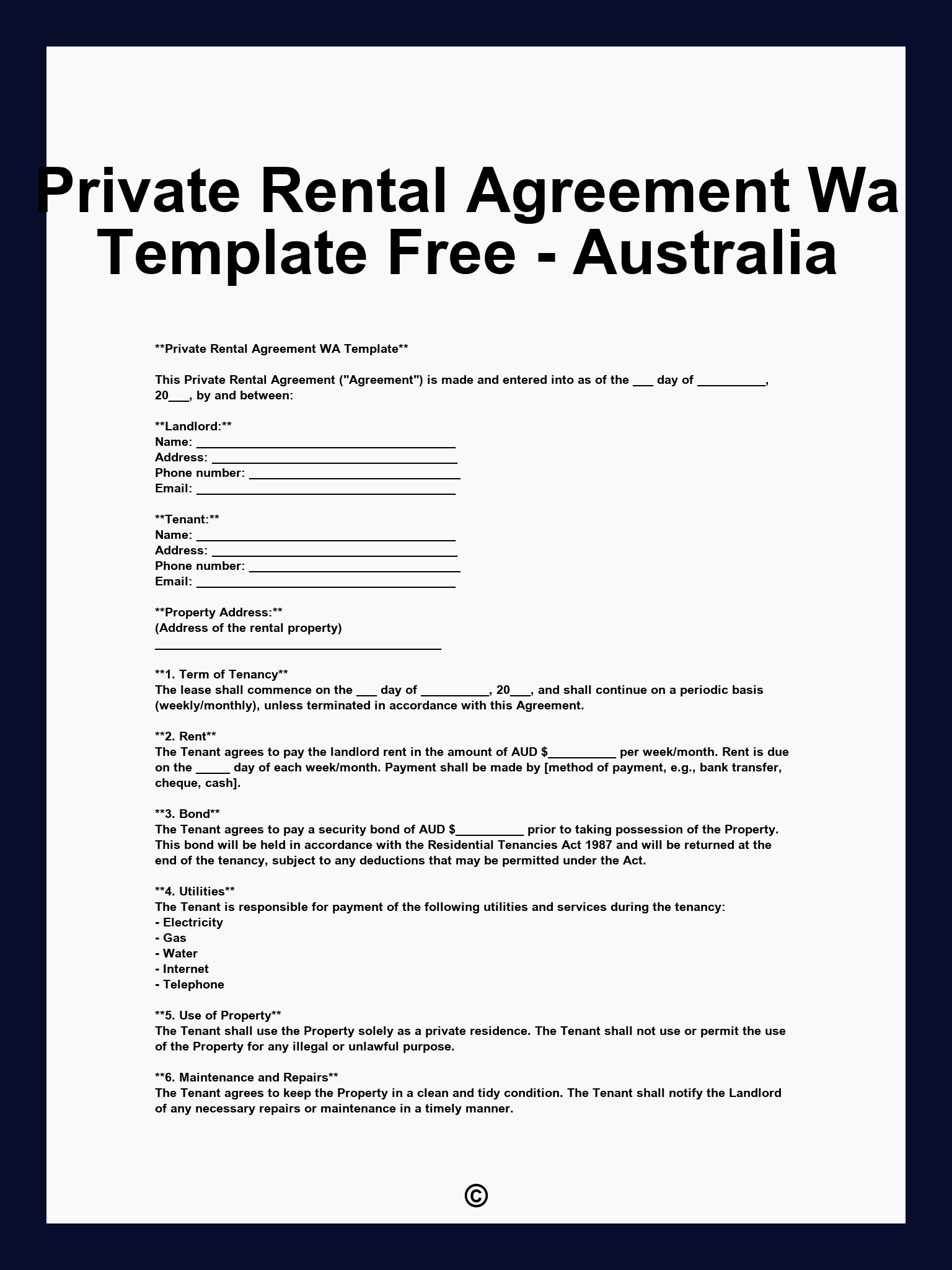 Private Rental Agreement Wa Template Free - Australia