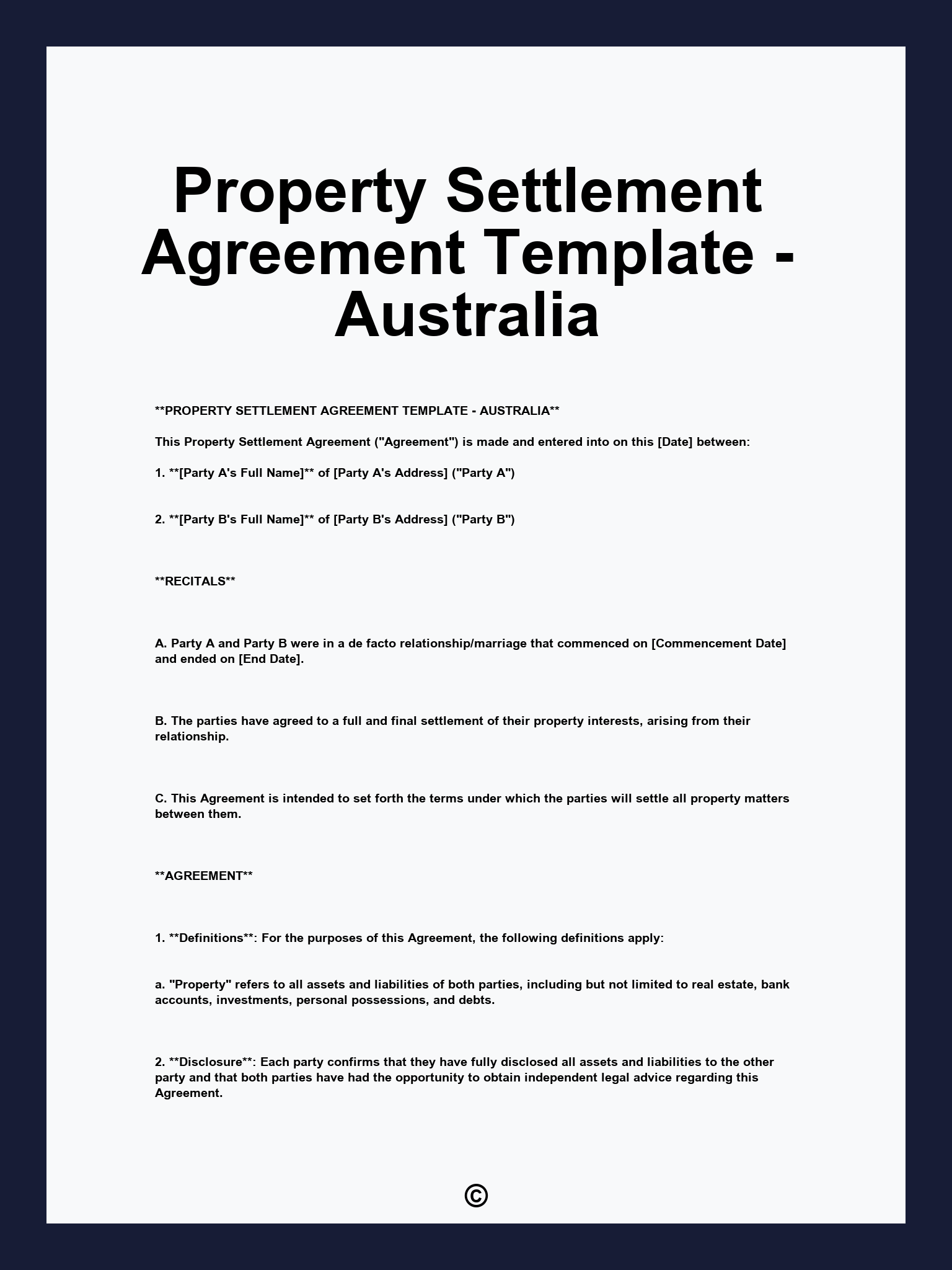 Property Settlement Agreement Template - Australia
