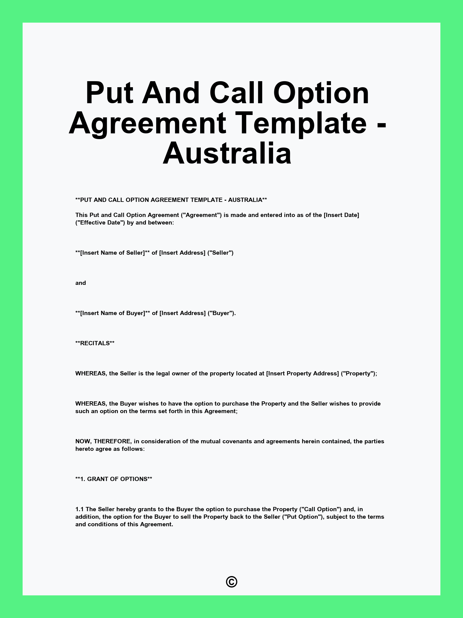 Put And Call Option Agreement Template - Australia