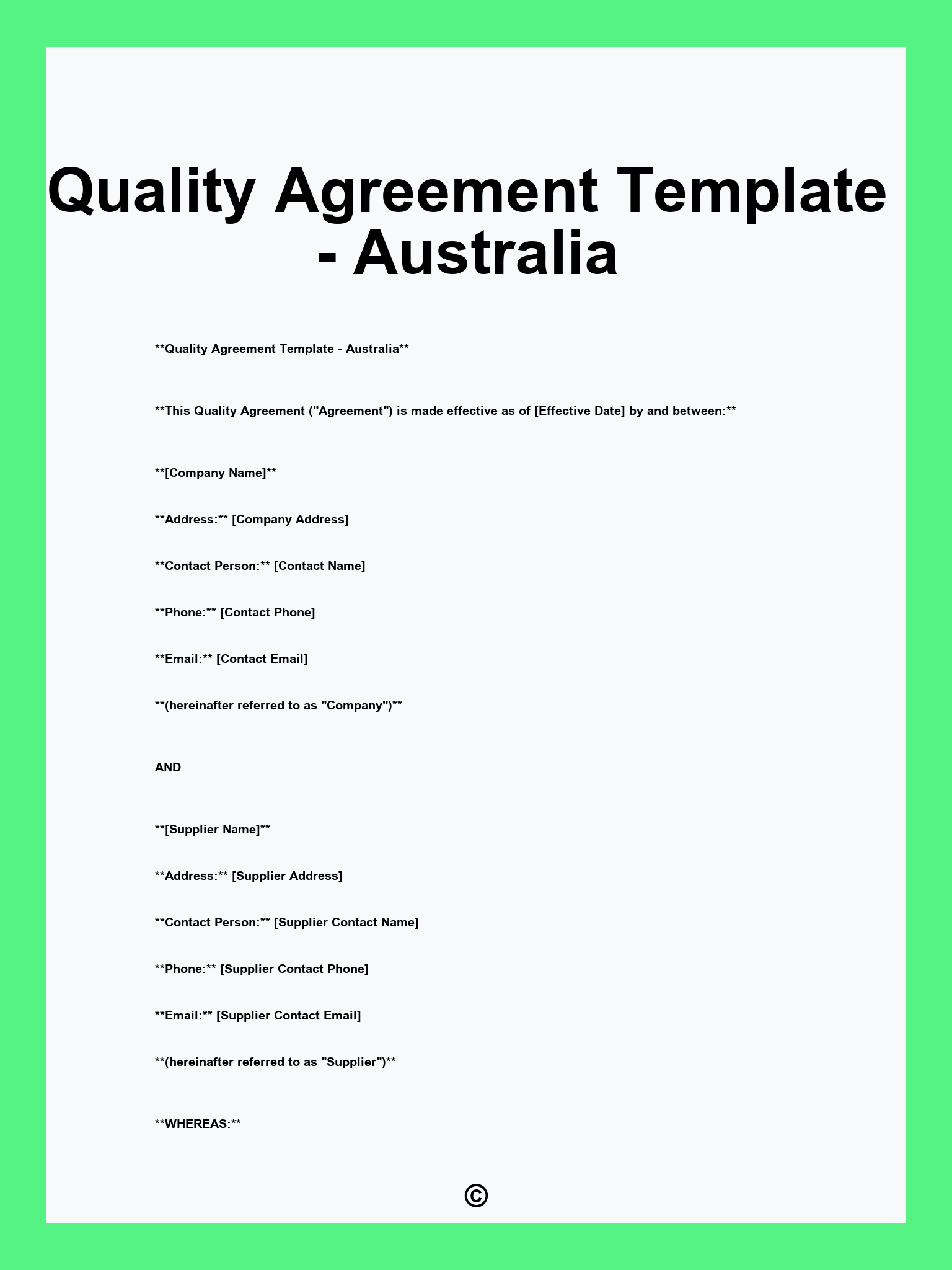 Quality Agreement Template - Australia