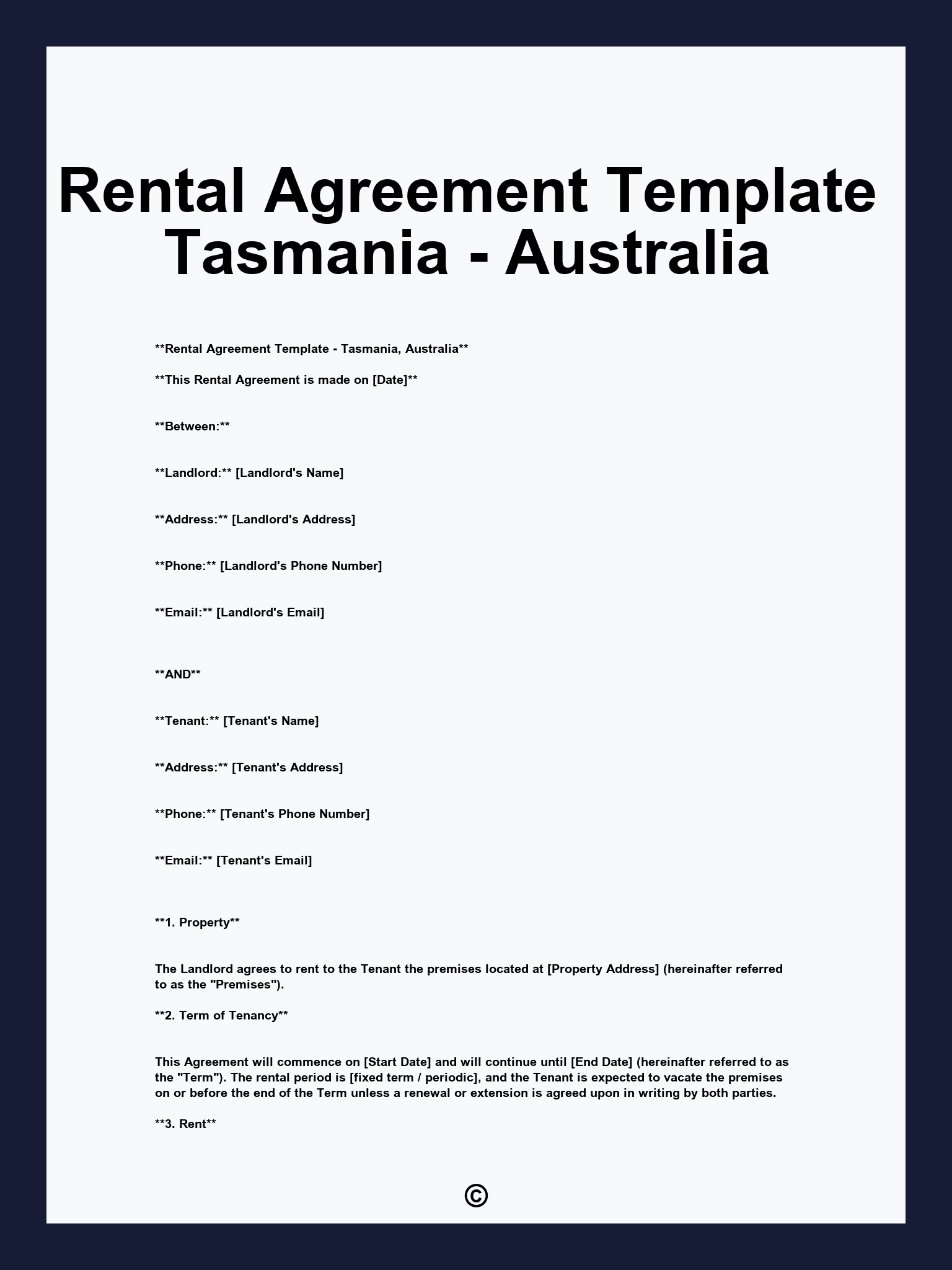Rental Agreement Template Tasmania - Australia