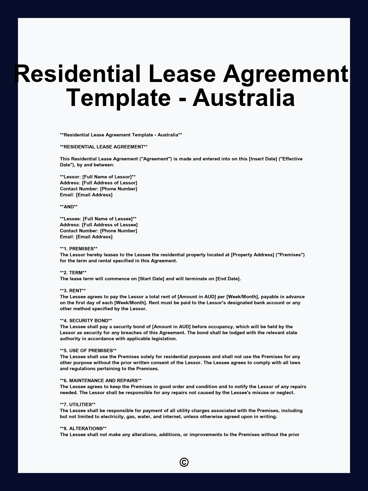 Residential Lease Agreement Template - Australia