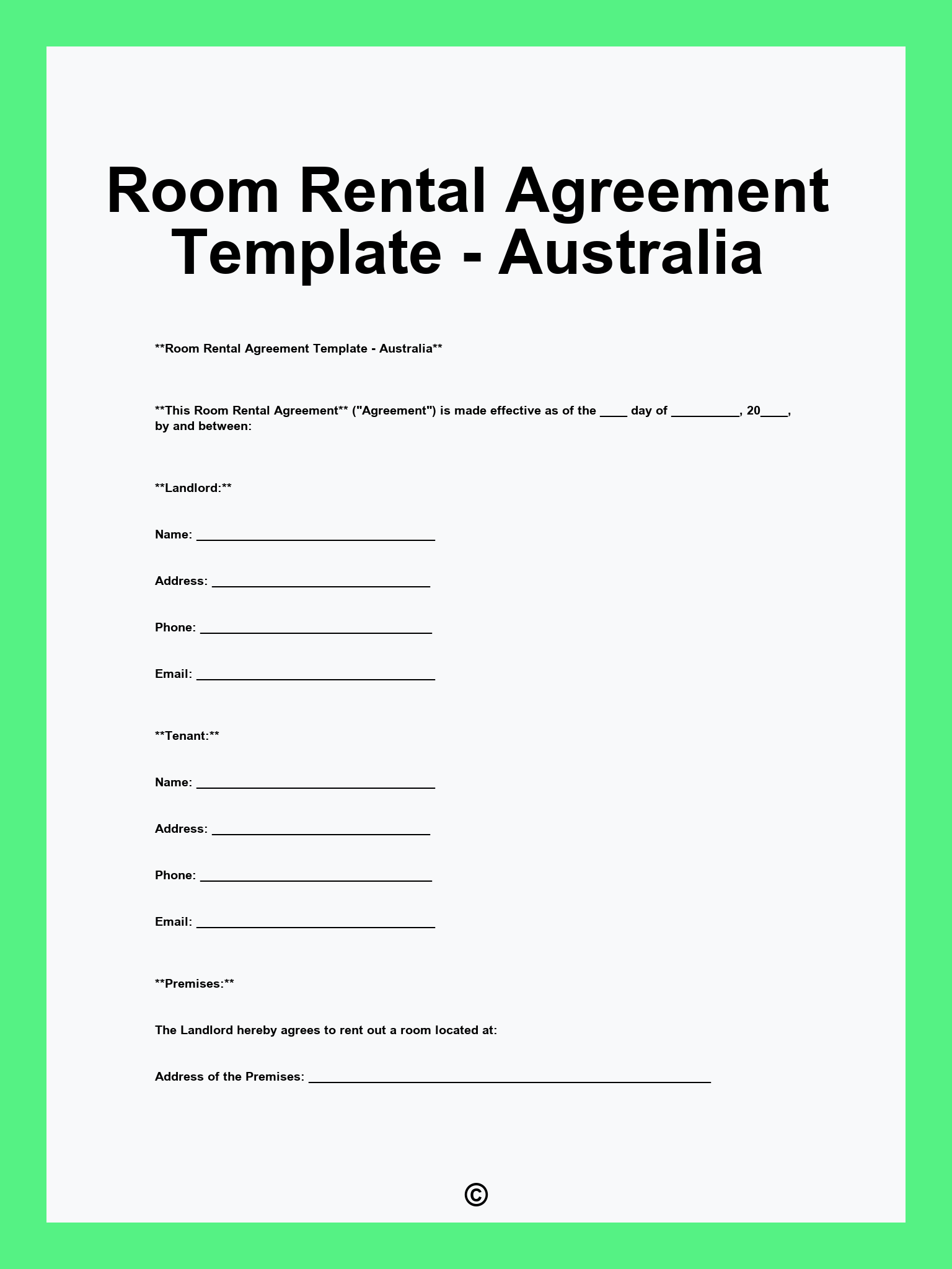Room Rental Agreement Template - Australia