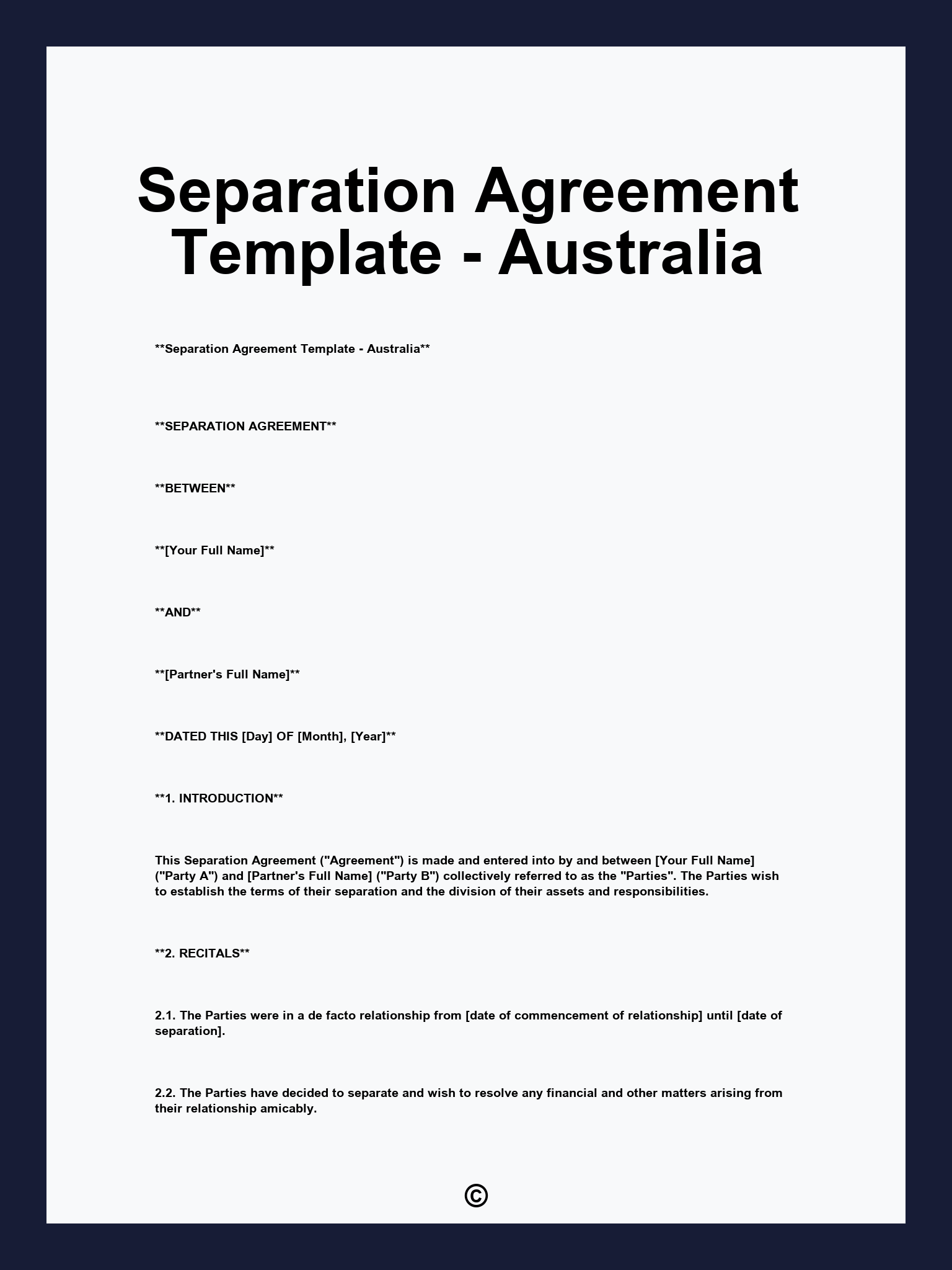 Separation Agreement Template - Australia