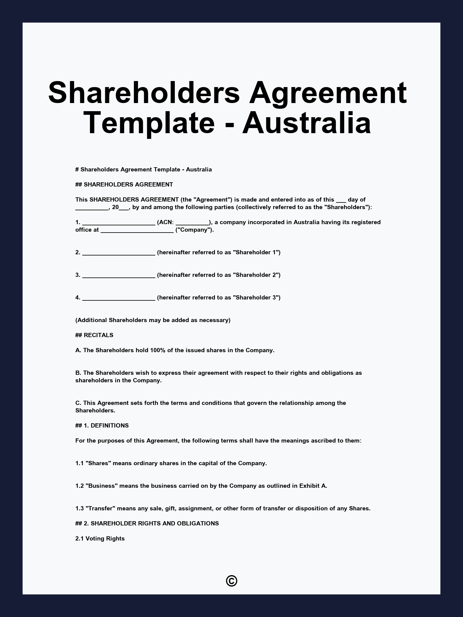 Shareholders Agreement Template - Australia