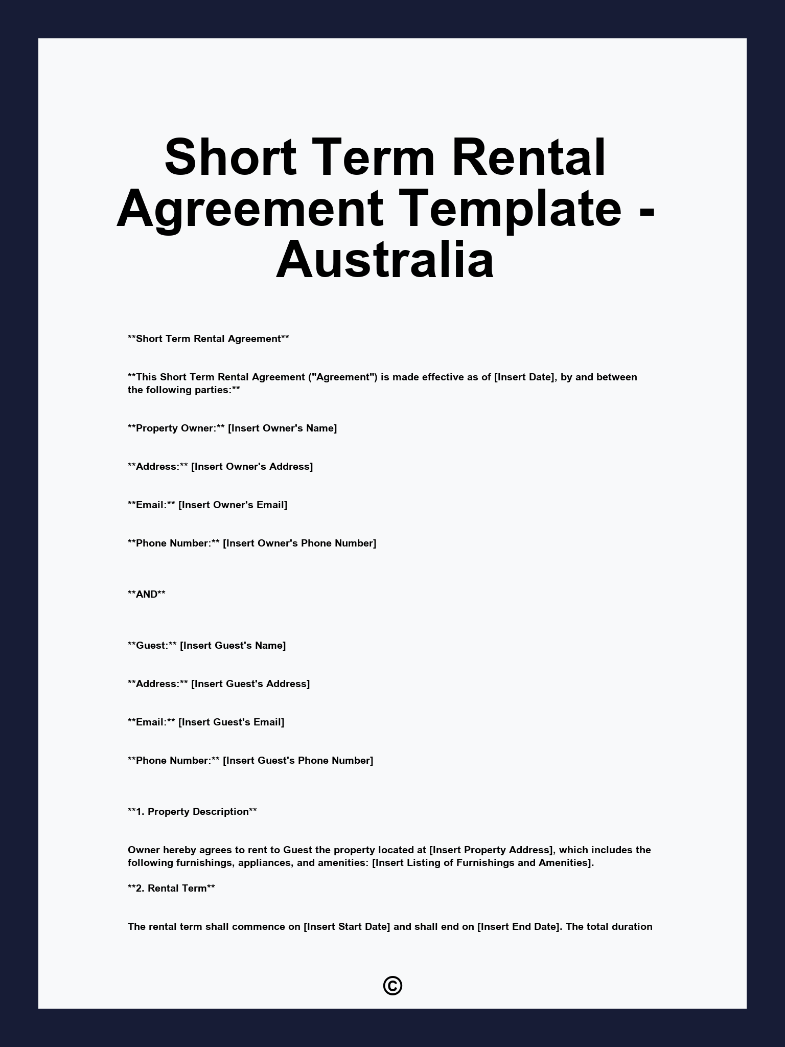 Short Term Rental Agreement Template - Australia