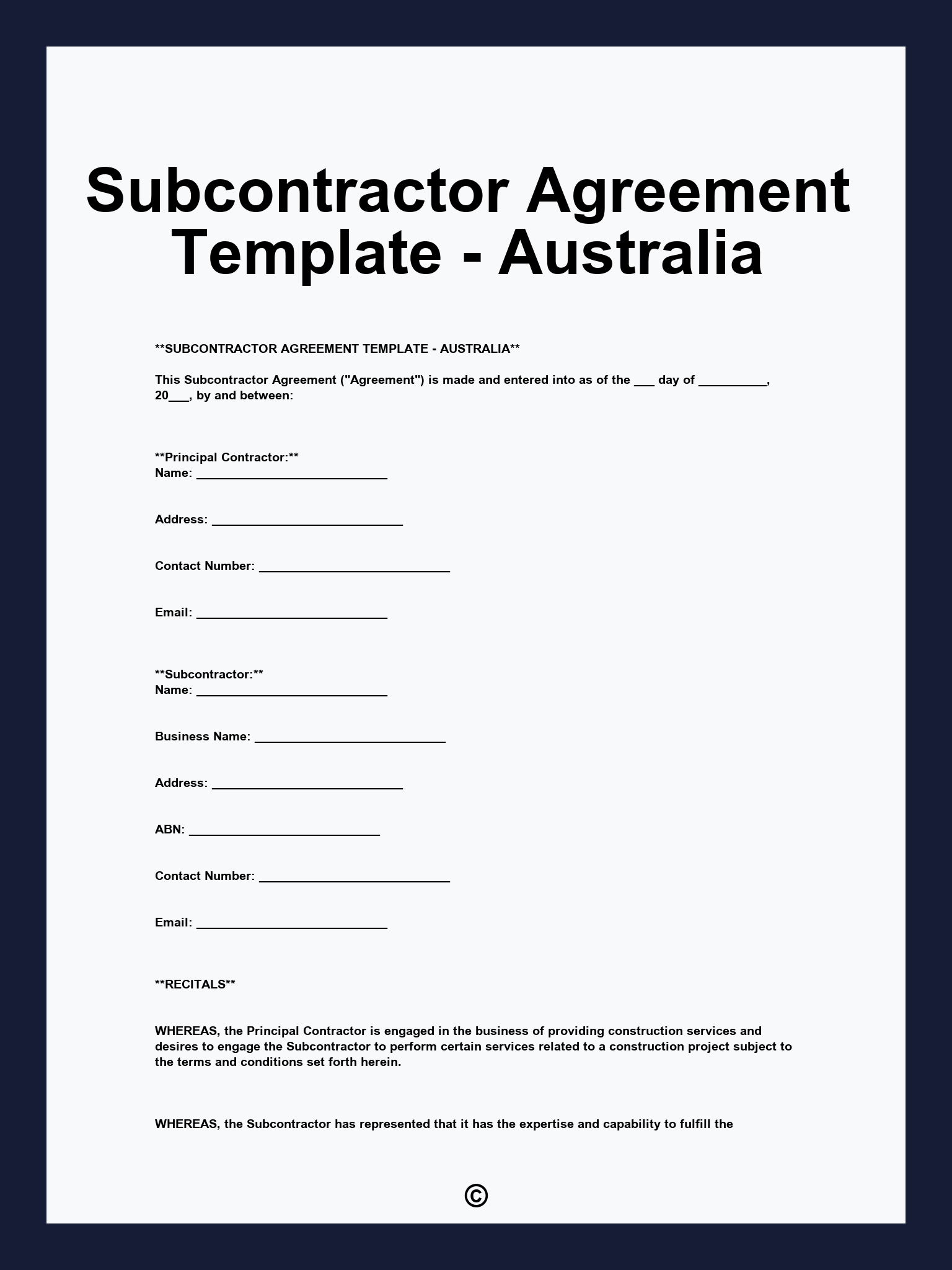 Subcontractor Agreement Template - Australia