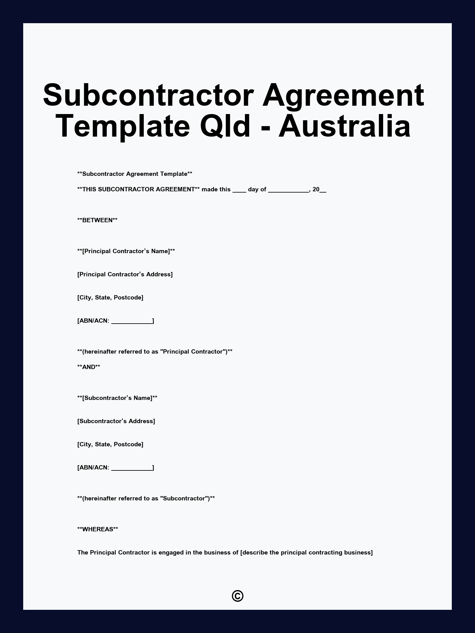 Subcontractor Agreement Template Qld - Australia