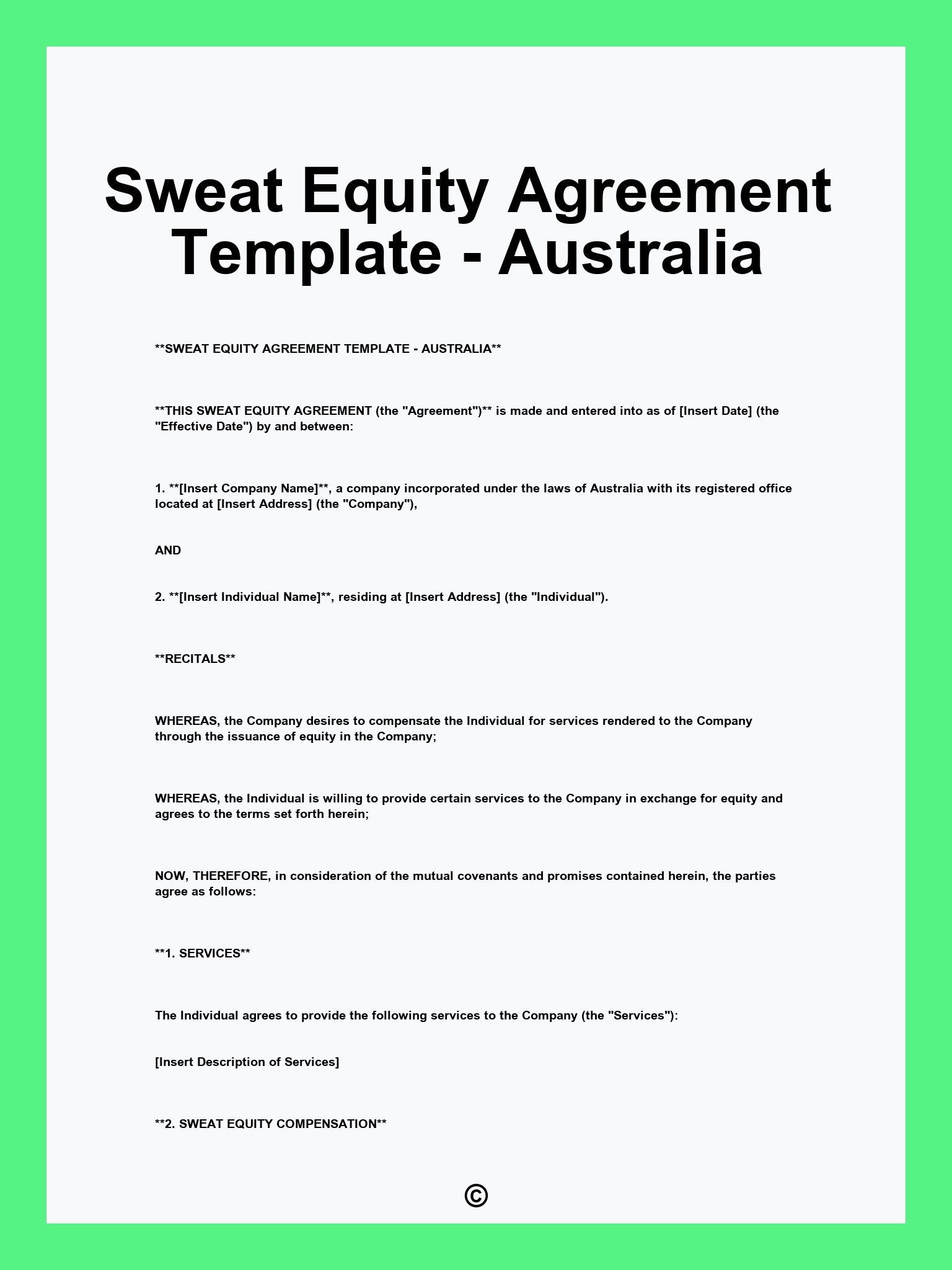 Sweat Equity Agreement Template - Australia